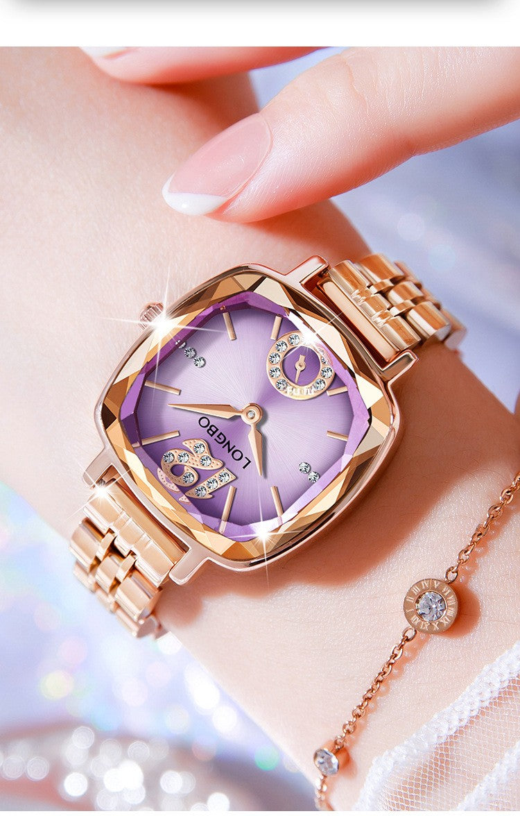 Women's Quartz Watch With Stainless Steel Strap And Butterfly Double Snap Buckle, Featuring Tempered Glass Mirror And Pointer Display