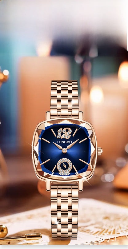 Women's Quartz Watch With Stainless Steel Strap And Butterfly Double Snap Buckle, Featuring Tempered Glass Mirror And Pointer Display