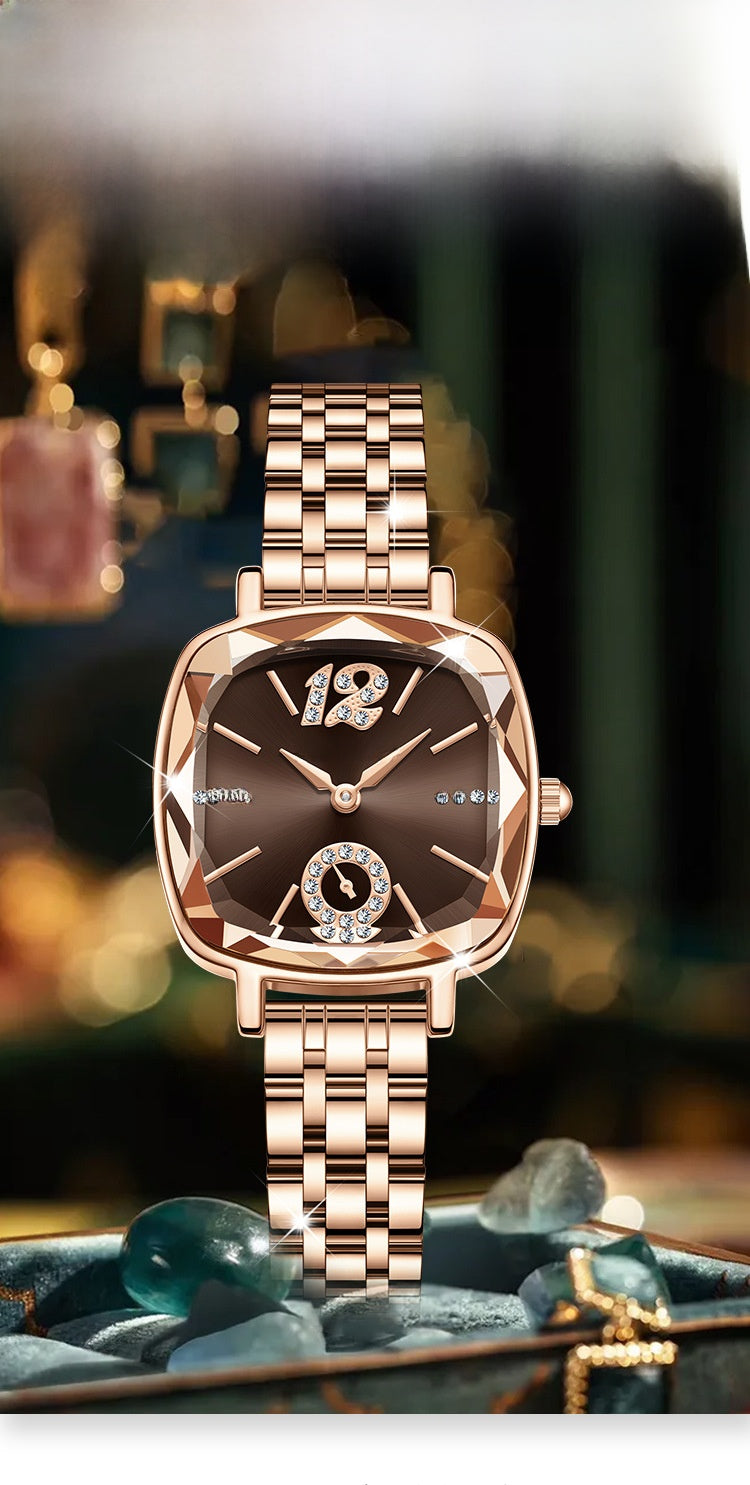 Women's Quartz Watch With Stainless Steel Strap And Butterfly Double Snap Buckle, Featuring Tempered Glass Mirror And Pointer Display