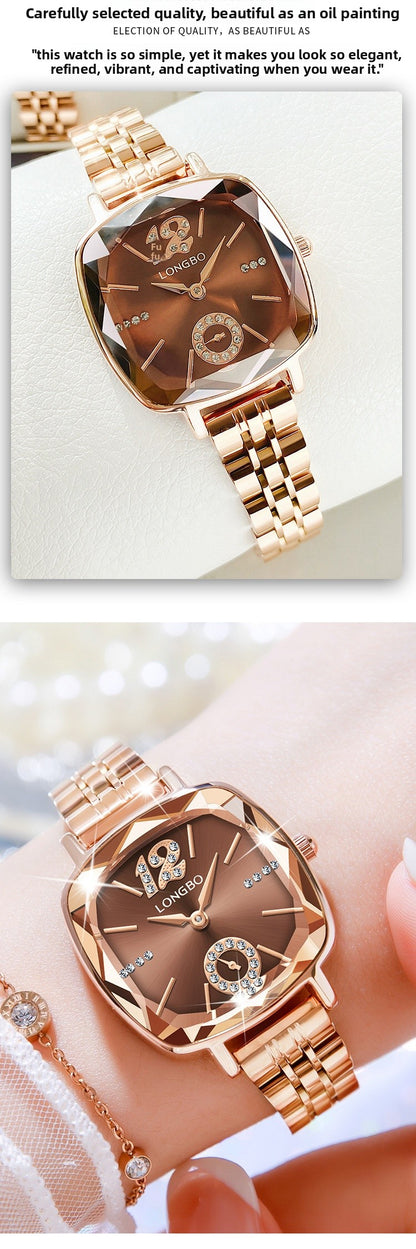 Women's Quartz Watch With Stainless Steel Strap And Butterfly Double Snap Buckle, Featuring Tempered Glass Mirror And Pointer Display
