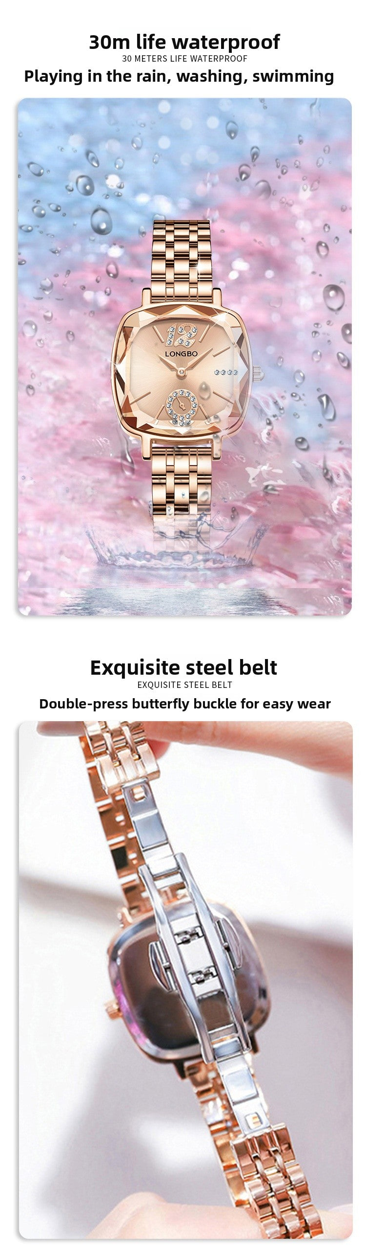 Women's Quartz Watch With Stainless Steel Strap And Butterfly Double Snap Buckle, Featuring Tempered Glass Mirror And Pointer Display