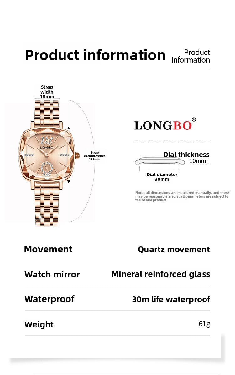 Women's Quartz Watch With Stainless Steel Strap And Butterfly Double Snap Buckle, Featuring Tempered Glass Mirror And Pointer Display