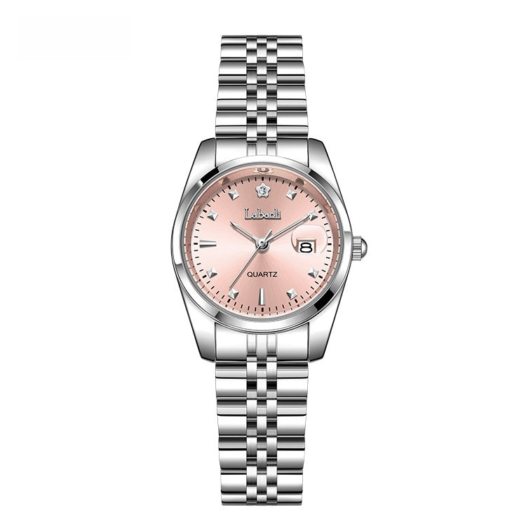 Women's Quartz Watch With Stainless Steel Strap And Butterfly Double Snap Buckle, Featuring Tempered Glass Mirror And Pointer Display