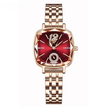 Women's Quartz Watch With Stainless Steel Strap And Butterfly Double Snap Buckle, Featuring Tempered Glass Mirror And Pointer Display