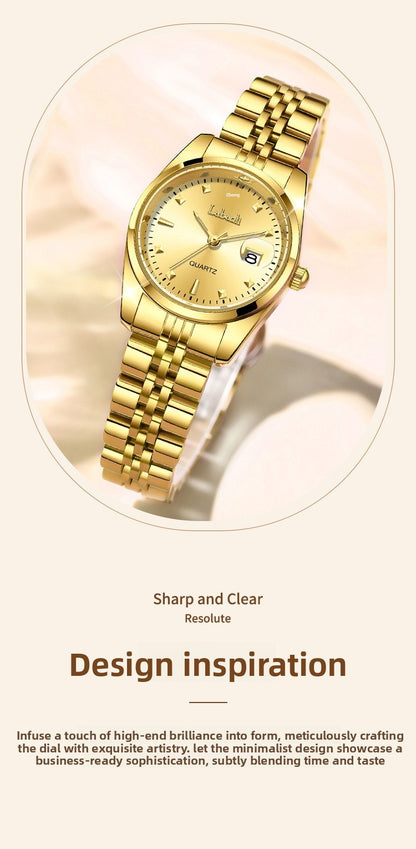 Women's Quartz Watch With Stainless Steel Strap And Butterfly Double Snap Buckle, Featuring Tempered Glass Mirror And Pointer Display