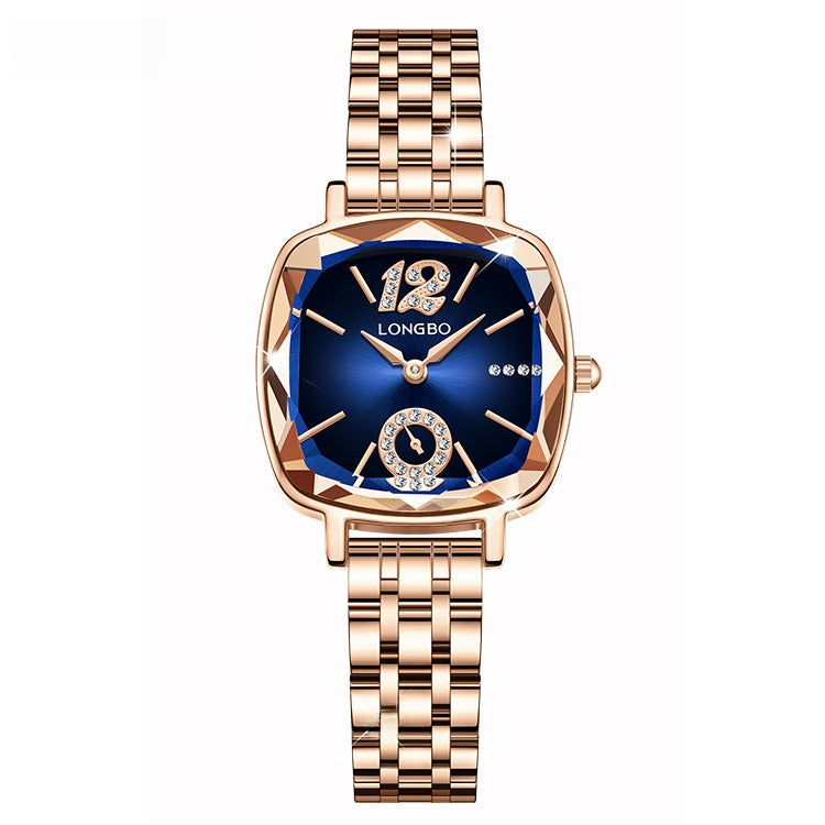Women's Quartz Watch With Stainless Steel Strap And Butterfly Double Snap Buckle, Featuring Tempered Glass Mirror And Pointer Display