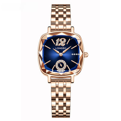 Women's Quartz Watch With Stainless Steel Strap And Butterfly Double Snap Buckle, Featuring Tempered Glass Mirror And Pointer Display