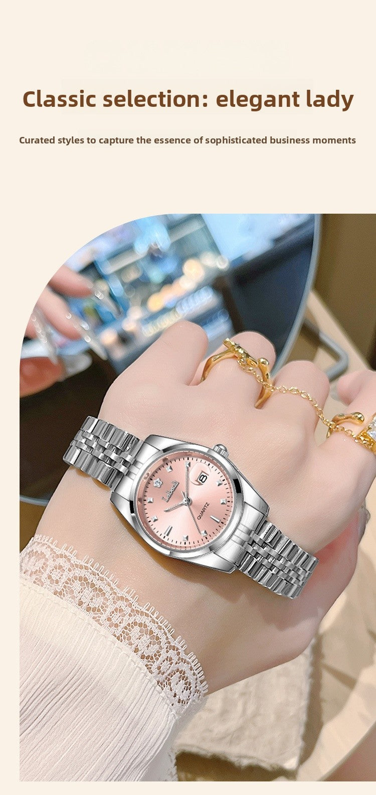 Women's Quartz Watch With Stainless Steel Strap And Butterfly Double Snap Buckle, Featuring Tempered Glass Mirror And Pointer Display