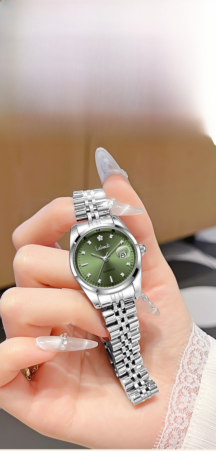 Women's Quartz Watch With Stainless Steel Strap And Butterfly Double Snap Buckle, Featuring Tempered Glass Mirror And Pointer Display