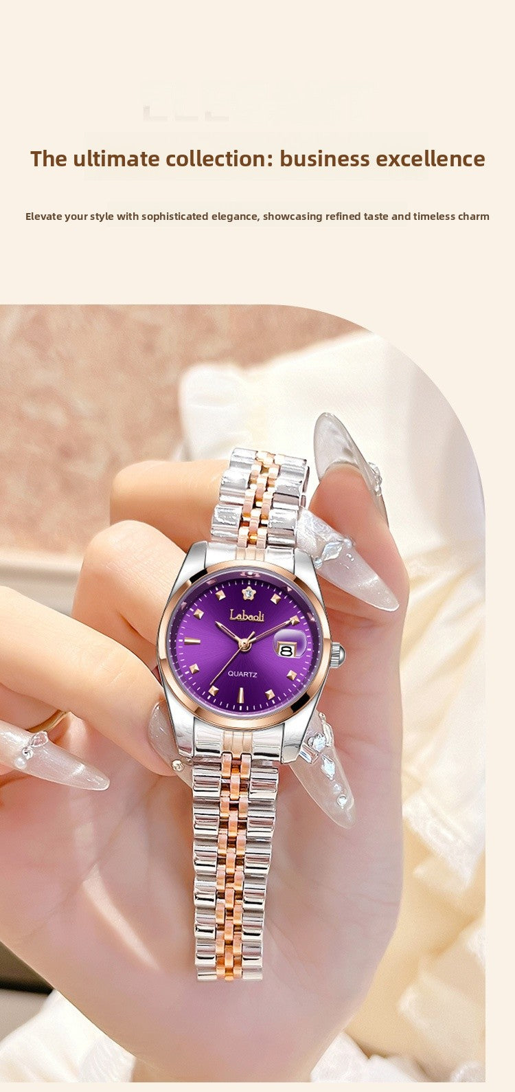 Women's Quartz Watch With Stainless Steel Strap And Butterfly Double Snap Buckle, Featuring Tempered Glass Mirror And Pointer Display