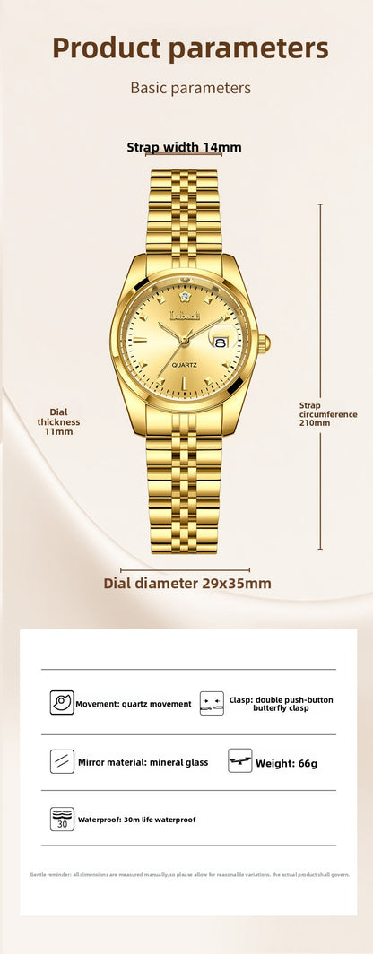 Women's Quartz Watch With Stainless Steel Strap And Butterfly Double Snap Buckle, Featuring Tempered Glass Mirror And Pointer Display