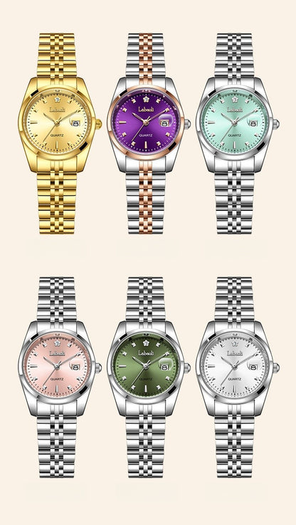Women's Quartz Watch With Stainless Steel Strap And Butterfly Double Snap Buckle, Featuring Tempered Glass Mirror And Pointer Display