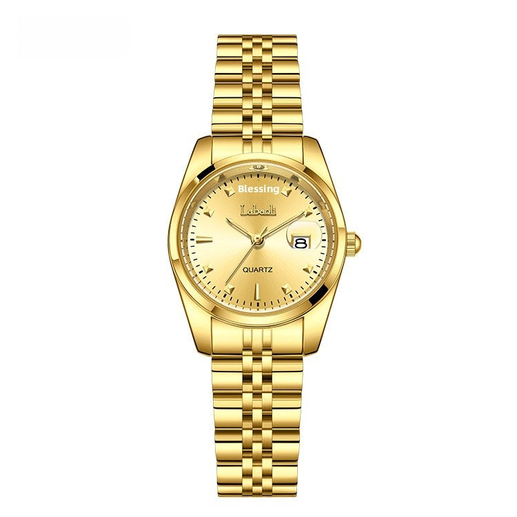 Women's Quartz Watch With Stainless Steel Strap And Butterfly Double Snap Buckle, Featuring Tempered Glass Mirror And Pointer Display
