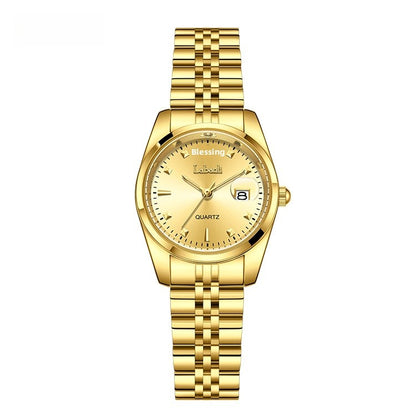 Women's Quartz Watch With Stainless Steel Strap And Butterfly Double Snap Buckle, Featuring Tempered Glass Mirror And Pointer Display