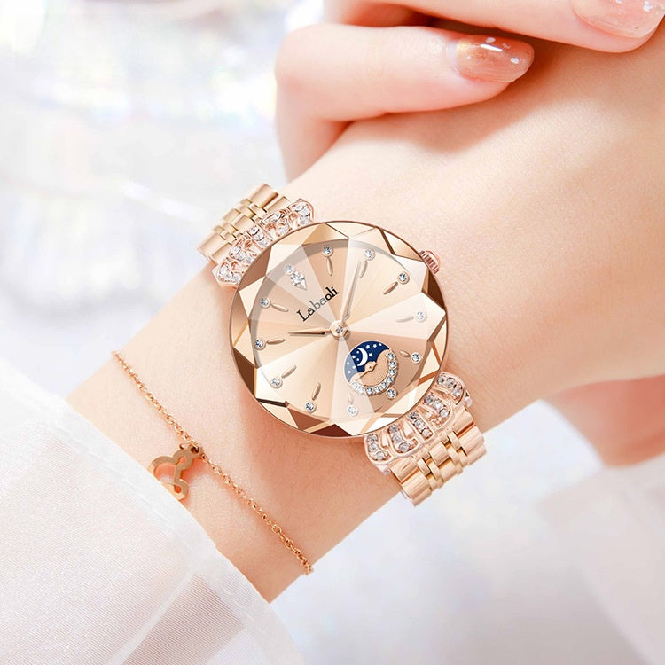Women's Quartz Watch With Stainless Steel Strap And Butterfly Double Snap Buckle, Featuring Tempered Glass Mirror And Pointer Display