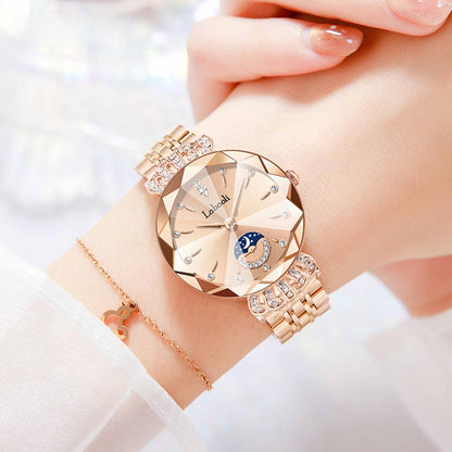 Women's Quartz Watch With Stainless Steel Strap And Butterfly Double Snap Buckle, Featuring Tempered Glass Mirror And Pointer Display