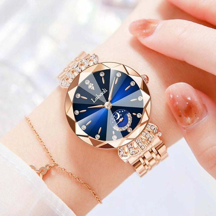Women's Quartz Watch With Stainless Steel Strap And Butterfly Double Snap Buckle, Featuring Tempered Glass Mirror And Pointer Display