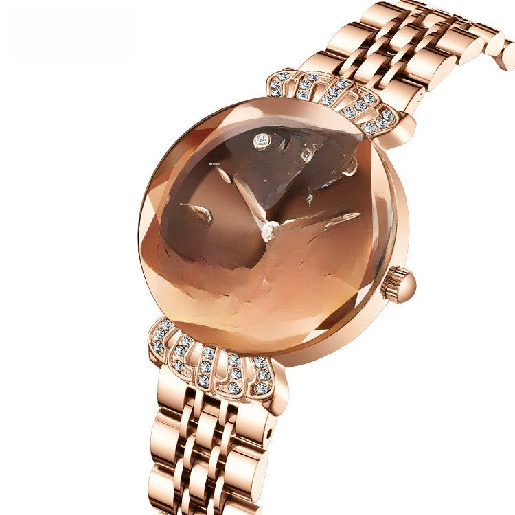 Women's Quartz Watch With Stainless Steel Strap And Butterfly Double Snap Buckle, Featuring Tempered Glass Mirror And Pointer Display