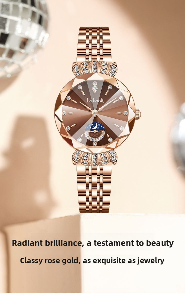 Women's Quartz Watch With Stainless Steel Strap And Butterfly Double Snap Buckle, Featuring Tempered Glass Mirror And Pointer Display