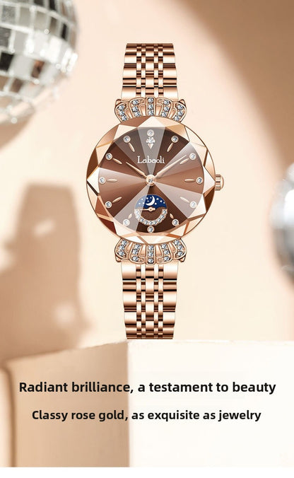 Women's Quartz Watch With Stainless Steel Strap And Butterfly Double Snap Buckle, Featuring Tempered Glass Mirror And Pointer Display