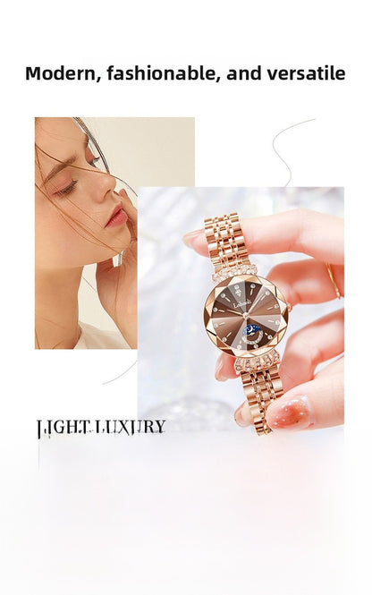 Women's Quartz Watch With Stainless Steel Strap And Butterfly Double Snap Buckle, Featuring Tempered Glass Mirror And Pointer Display