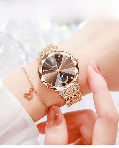 Women's Quartz Watch With Stainless Steel Strap And Butterfly Double Snap Buckle, Featuring Tempered Glass Mirror And Pointer Display