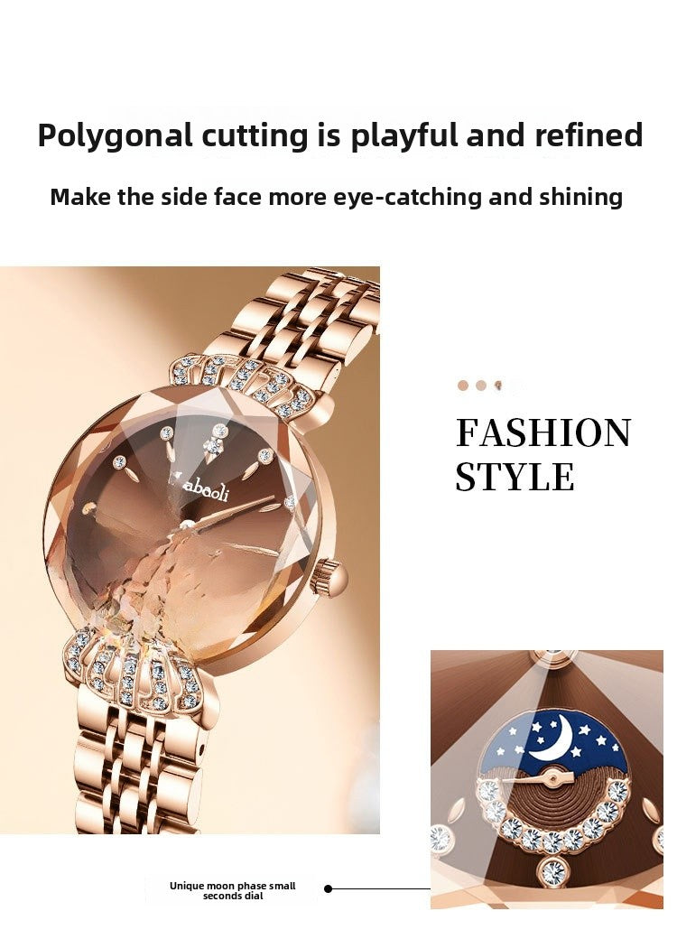 Women's Quartz Watch With Stainless Steel Strap And Butterfly Double Snap Buckle, Featuring Tempered Glass Mirror And Pointer Display