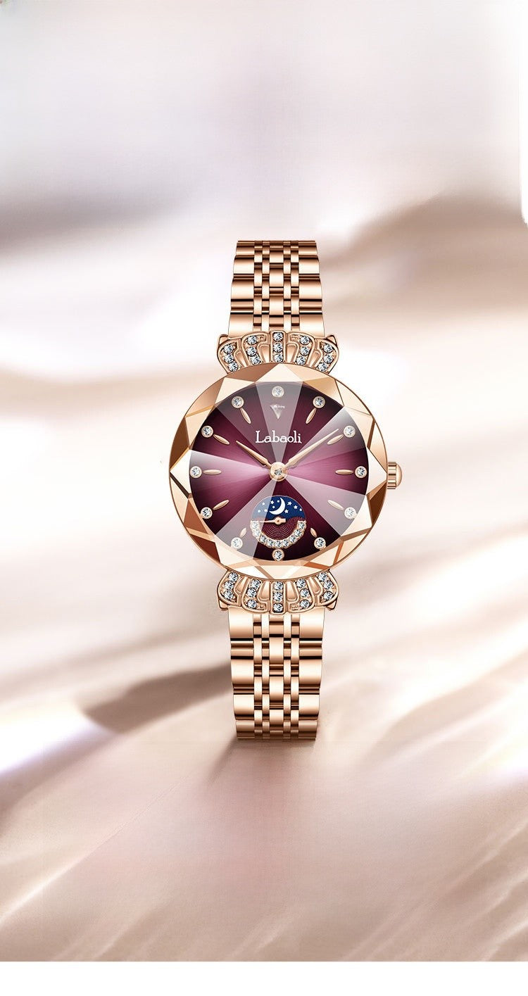 Women's Quartz Watch With Stainless Steel Strap And Butterfly Double Snap Buckle, Featuring Tempered Glass Mirror And Pointer Display