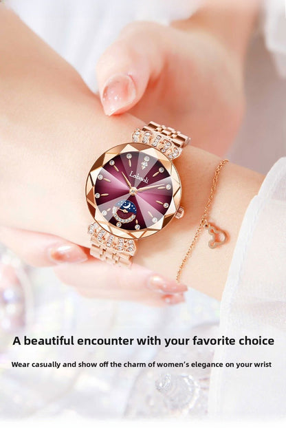 Women's Quartz Watch With Stainless Steel Strap And Butterfly Double Snap Buckle, Featuring Tempered Glass Mirror And Pointer Display