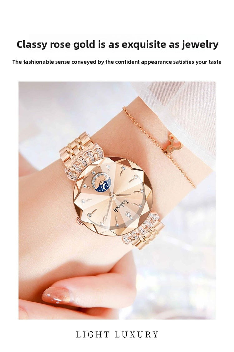 Women's Quartz Watch With Stainless Steel Strap And Butterfly Double Snap Buckle, Featuring Tempered Glass Mirror And Pointer Display