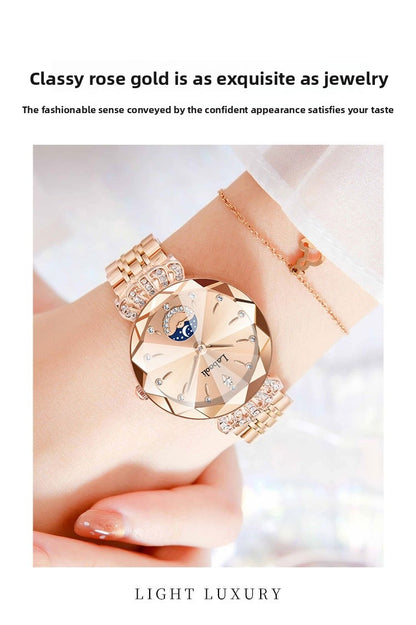 Women's Quartz Watch With Stainless Steel Strap And Butterfly Double Snap Buckle, Featuring Tempered Glass Mirror And Pointer Display