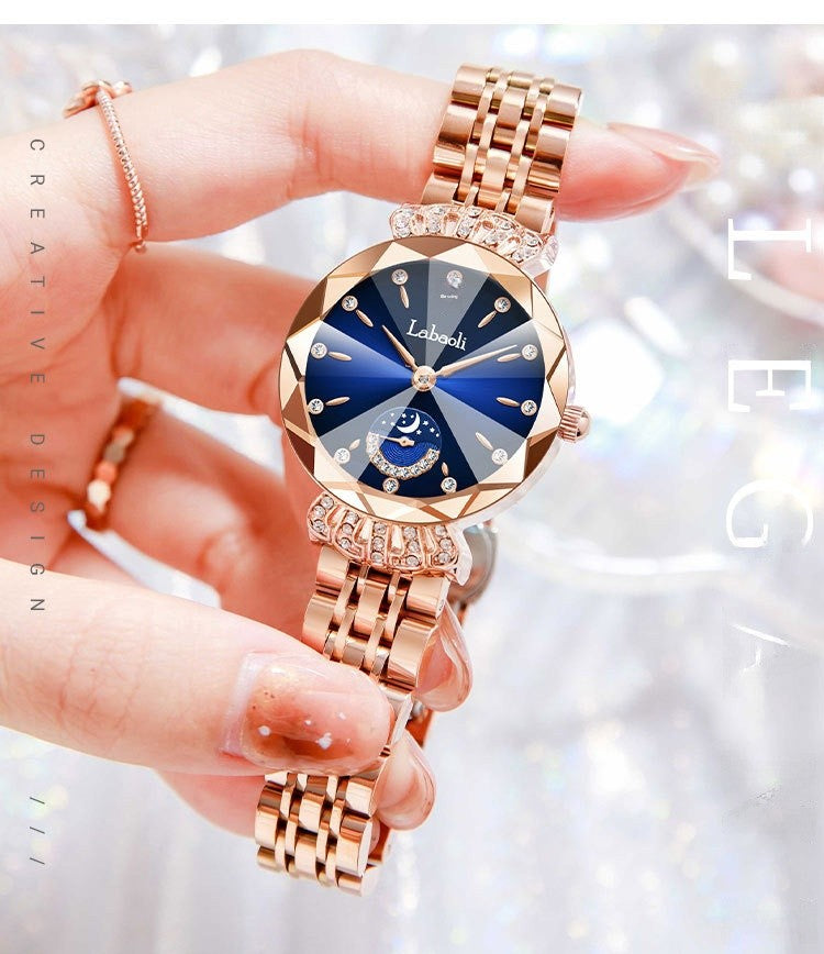 Women's Quartz Watch With Stainless Steel Strap And Butterfly Double Snap Buckle, Featuring Tempered Glass Mirror And Pointer Display