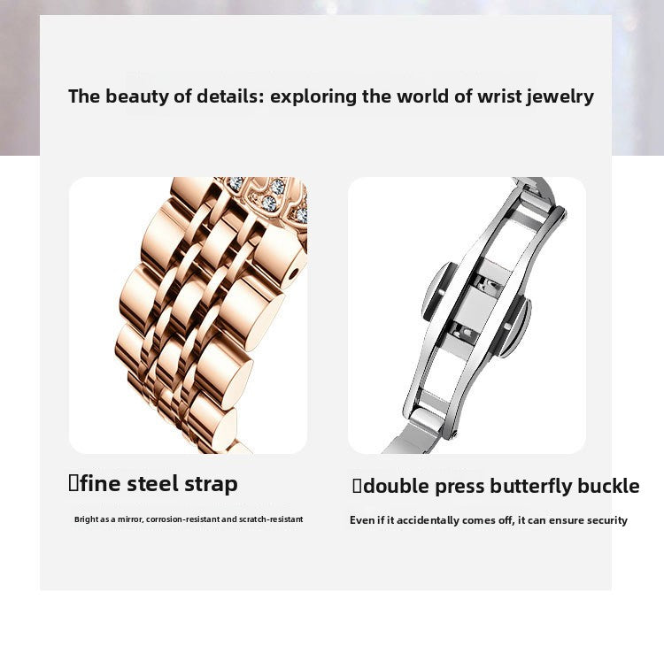 Women's Quartz Watch With Stainless Steel Strap And Butterfly Double Snap Buckle, Featuring Tempered Glass Mirror And Pointer Display