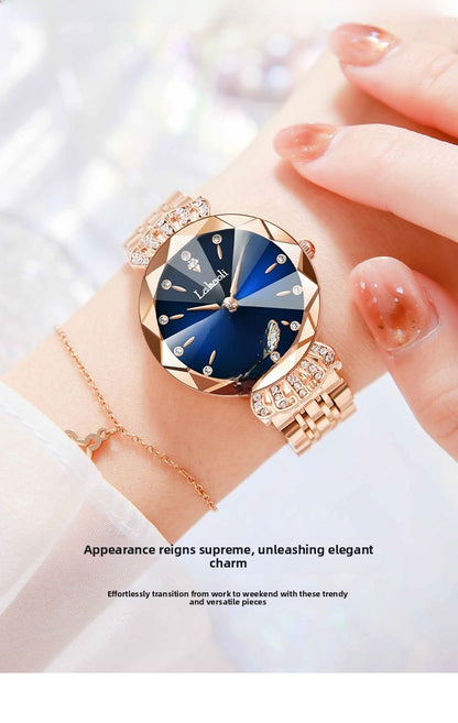 Women's Quartz Watch With Stainless Steel Strap And Butterfly Double Snap Buckle, Featuring Tempered Glass Mirror And Pointer Display
