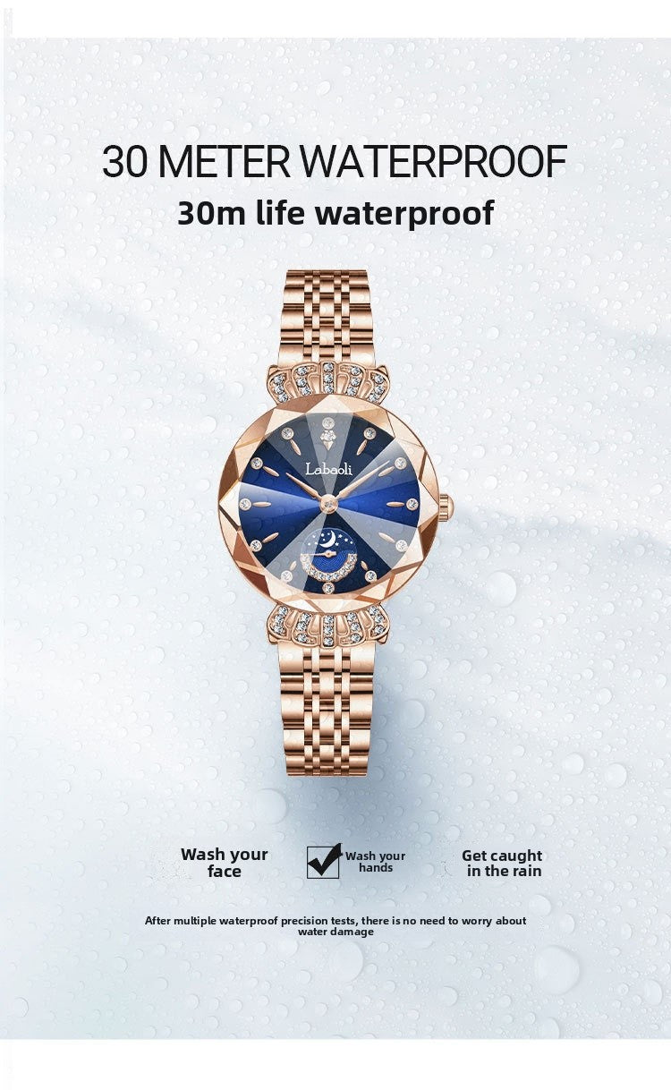 Women's Quartz Watch With Stainless Steel Strap And Butterfly Double Snap Buckle, Featuring Tempered Glass Mirror And Pointer Display