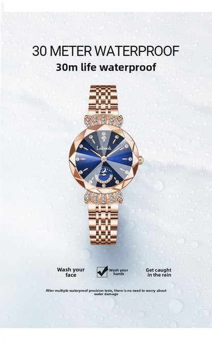 Women's Quartz Watch With Stainless Steel Strap And Butterfly Double Snap Buckle, Featuring Tempered Glass Mirror And Pointer Display