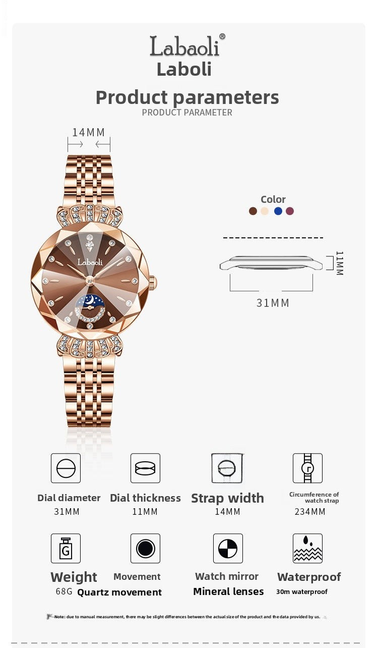 Women's Quartz Watch With Stainless Steel Strap And Butterfly Double Snap Buckle, Featuring Tempered Glass Mirror And Pointer Display