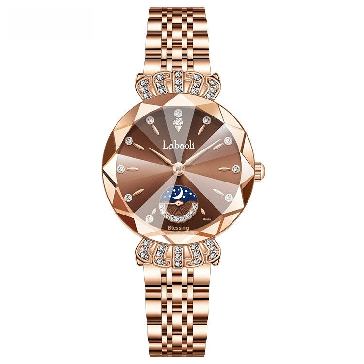 Women's Quartz Watch With Stainless Steel Strap And Butterfly Double Snap Buckle, Featuring Tempered Glass Mirror And Pointer Display