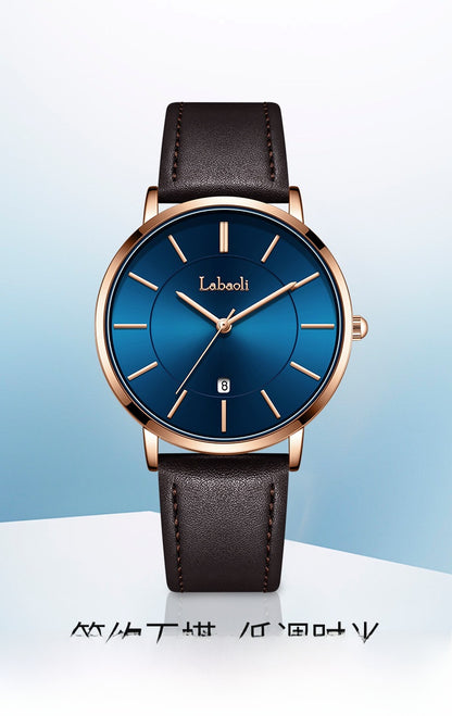 Men's Watch With Genuine Leather Strap, Quartz Movement, Tempered Glass Mirror, Pointer Display, And Buckle Style