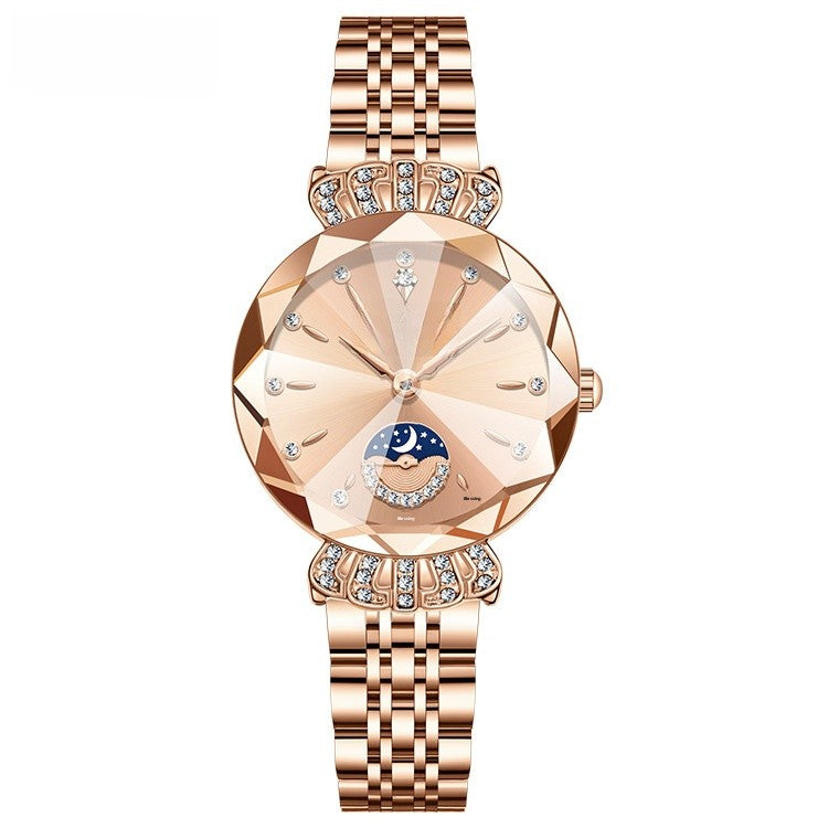 Women's Quartz Watch With Stainless Steel Strap And Butterfly Double Snap Buckle, Featuring Tempered Glass Mirror And Pointer Display