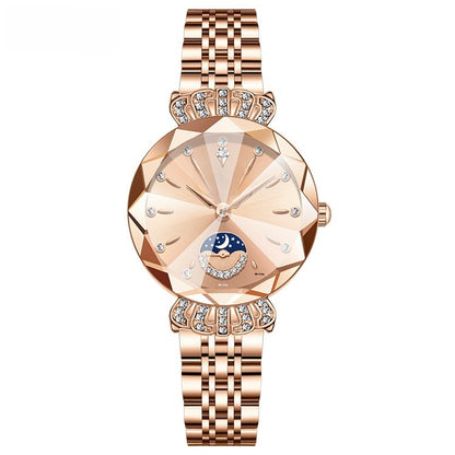 Women's Quartz Watch With Stainless Steel Strap And Butterfly Double Snap Buckle, Featuring Tempered Glass Mirror And Pointer Display