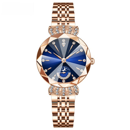 Women's Quartz Watch With Stainless Steel Strap And Butterfly Double Snap Buckle, Featuring Tempered Glass Mirror And Pointer Display