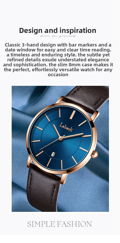 Men's Watch With Genuine Leather Strap, Quartz Movement, Tempered Glass Mirror, Pointer Display, And Buckle Style