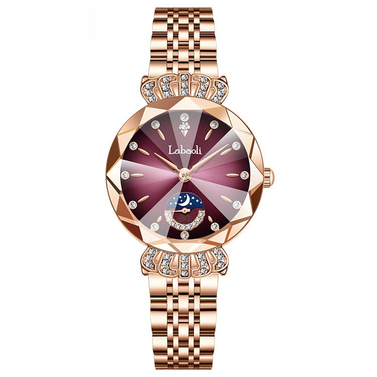 Women's Quartz Watch With Stainless Steel Strap And Butterfly Double Snap Buckle, Featuring Tempered Glass Mirror And Pointer Display