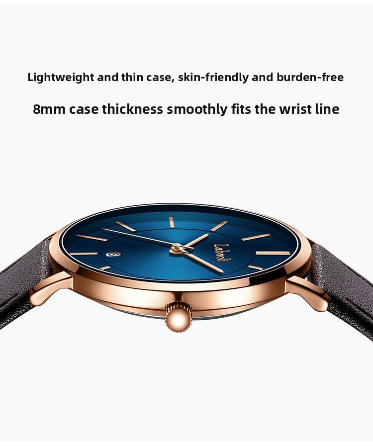 Men's Watch With Genuine Leather Strap, Quartz Movement, Tempered Glass Mirror, Pointer Display, And Buckle Style