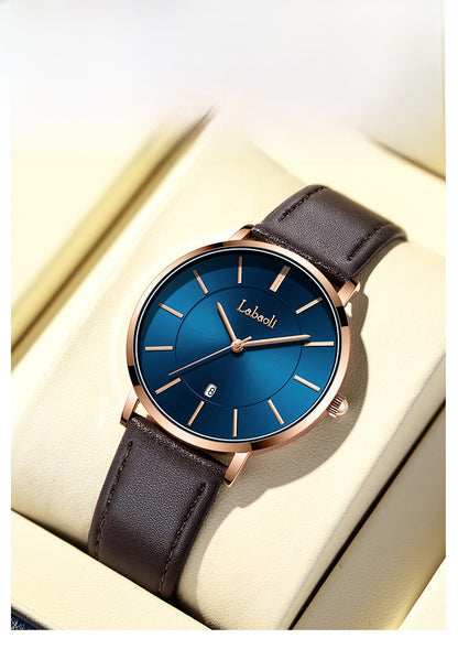Men's Watch With Genuine Leather Strap, Quartz Movement, Tempered Glass Mirror, Pointer Display, And Buckle Style