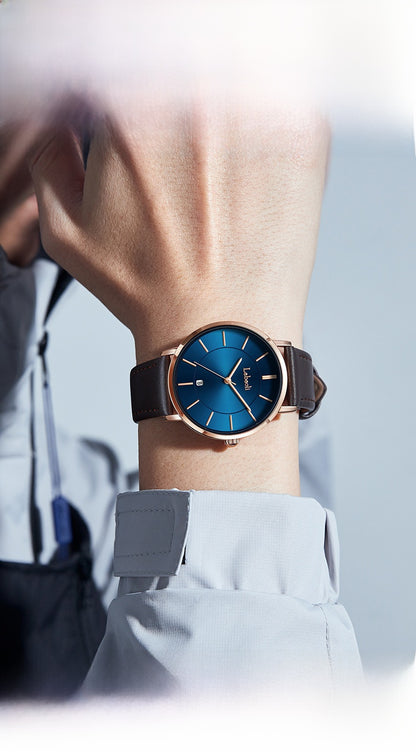 Men's Watch With Genuine Leather Strap, Quartz Movement, Tempered Glass Mirror, Pointer Display, And Buckle Style