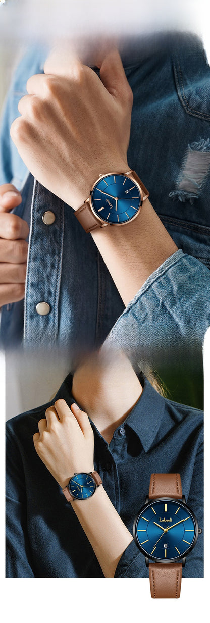 Men's Watch With Genuine Leather Strap, Quartz Movement, Tempered Glass Mirror, Pointer Display, And Buckle Style