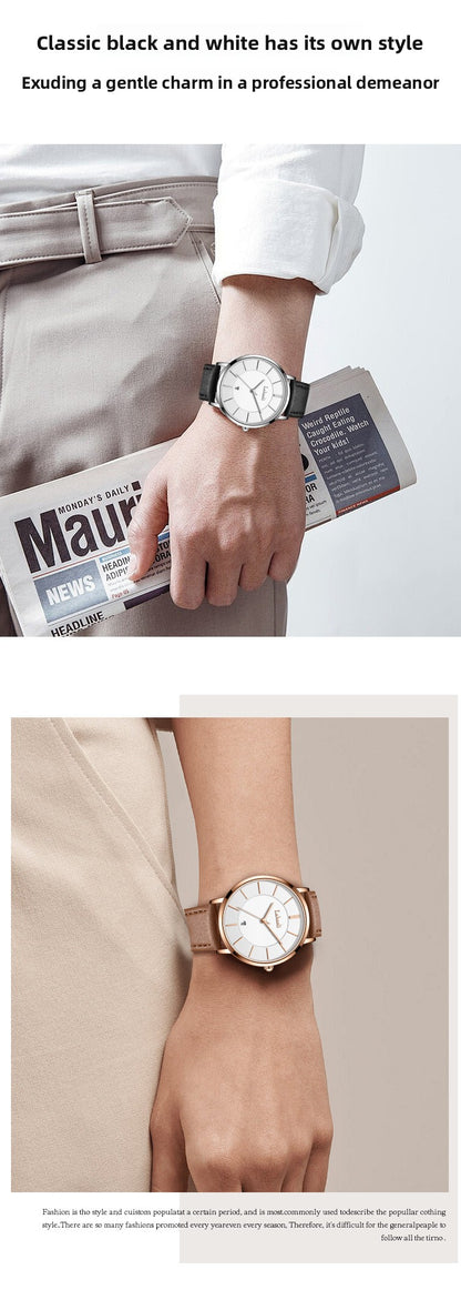 Men's Watch With Genuine Leather Strap, Quartz Movement, Tempered Glass Mirror, Pointer Display, And Buckle Style