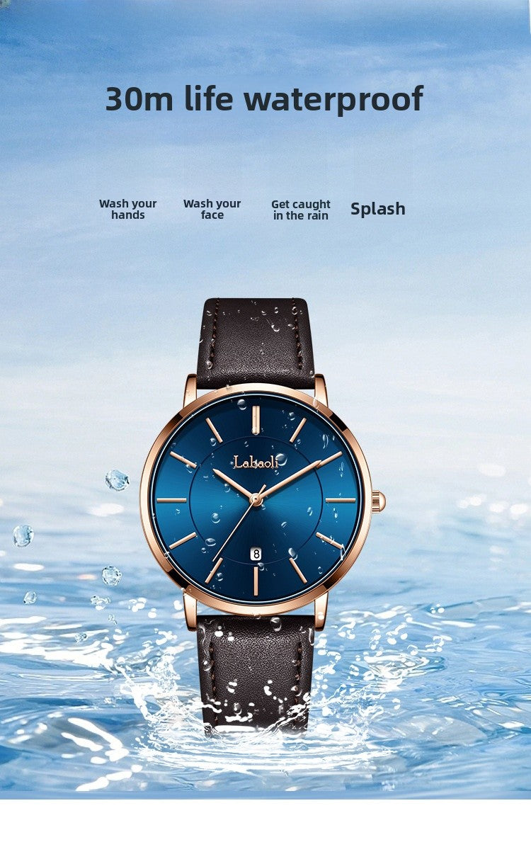 Men's Watch With Genuine Leather Strap, Quartz Movement, Tempered Glass Mirror, Pointer Display, And Buckle Style